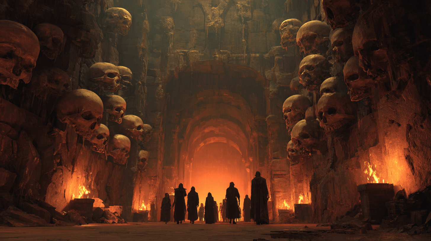 해골로-장식된-신전에-서-있는-사람들