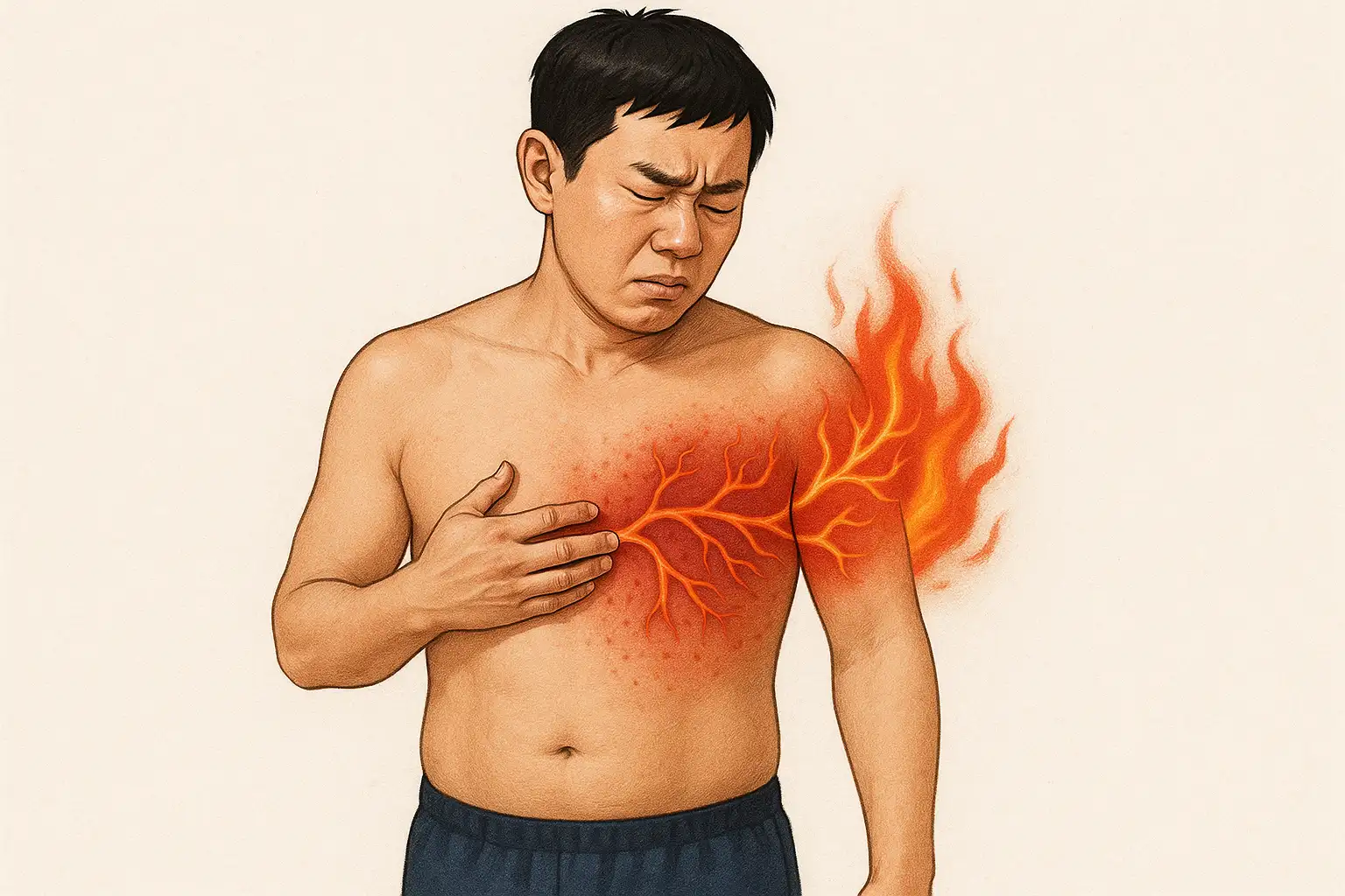 몸의 한쪽 갈비뼈 라인에 따라 불에 타는 듯한 붉은 신경 통증, 피부에 작은 발진