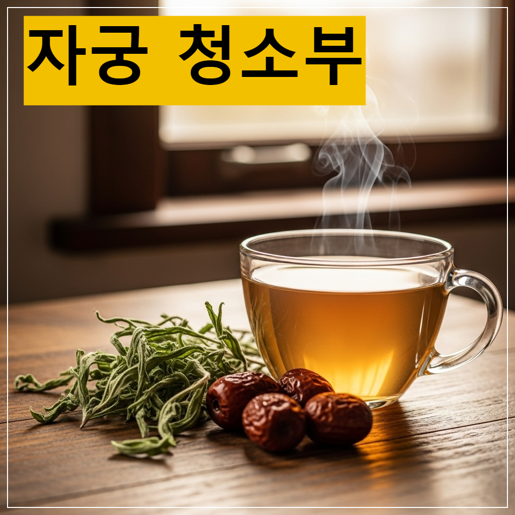 따뜻한 김이 나는 익모초 차와 옆에 놓인 말린 익모초 잎, 대추