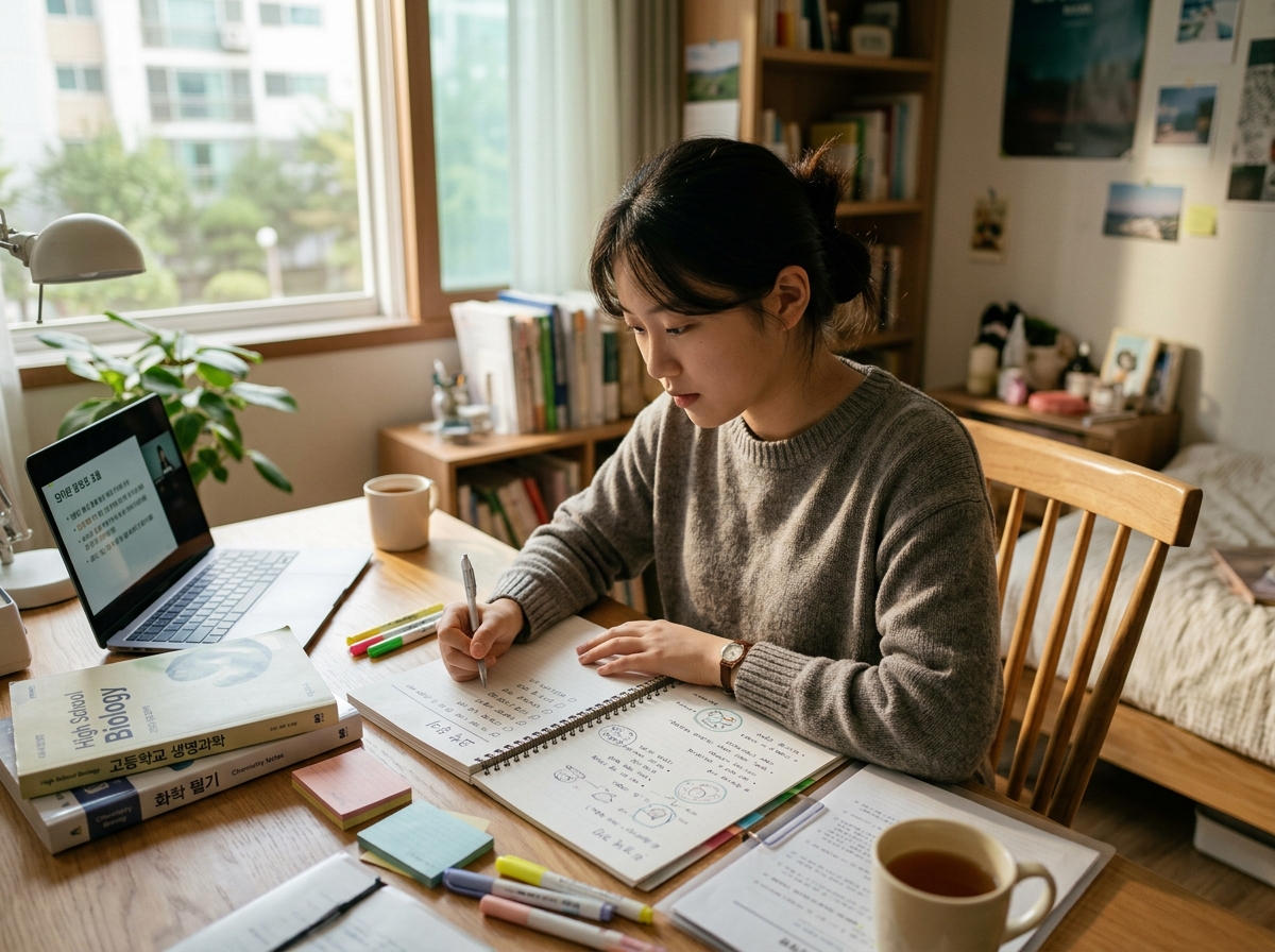 과학 시험 전 최종 정리를 하는 한국 학생