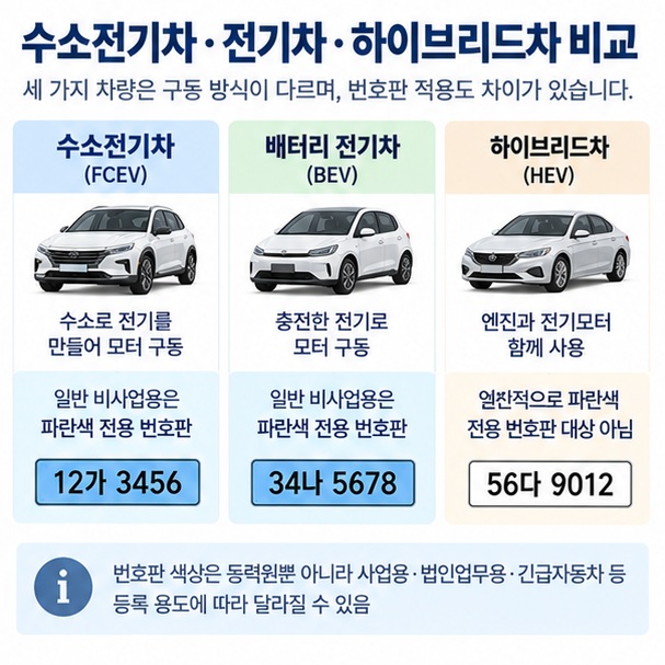 수소전기차와 배터리 전기차는 파란색 번호판을 쓰고 하이브리드는 일반적으로 전용 번호판 대상이 아닌 차이를 보여주는 이미지