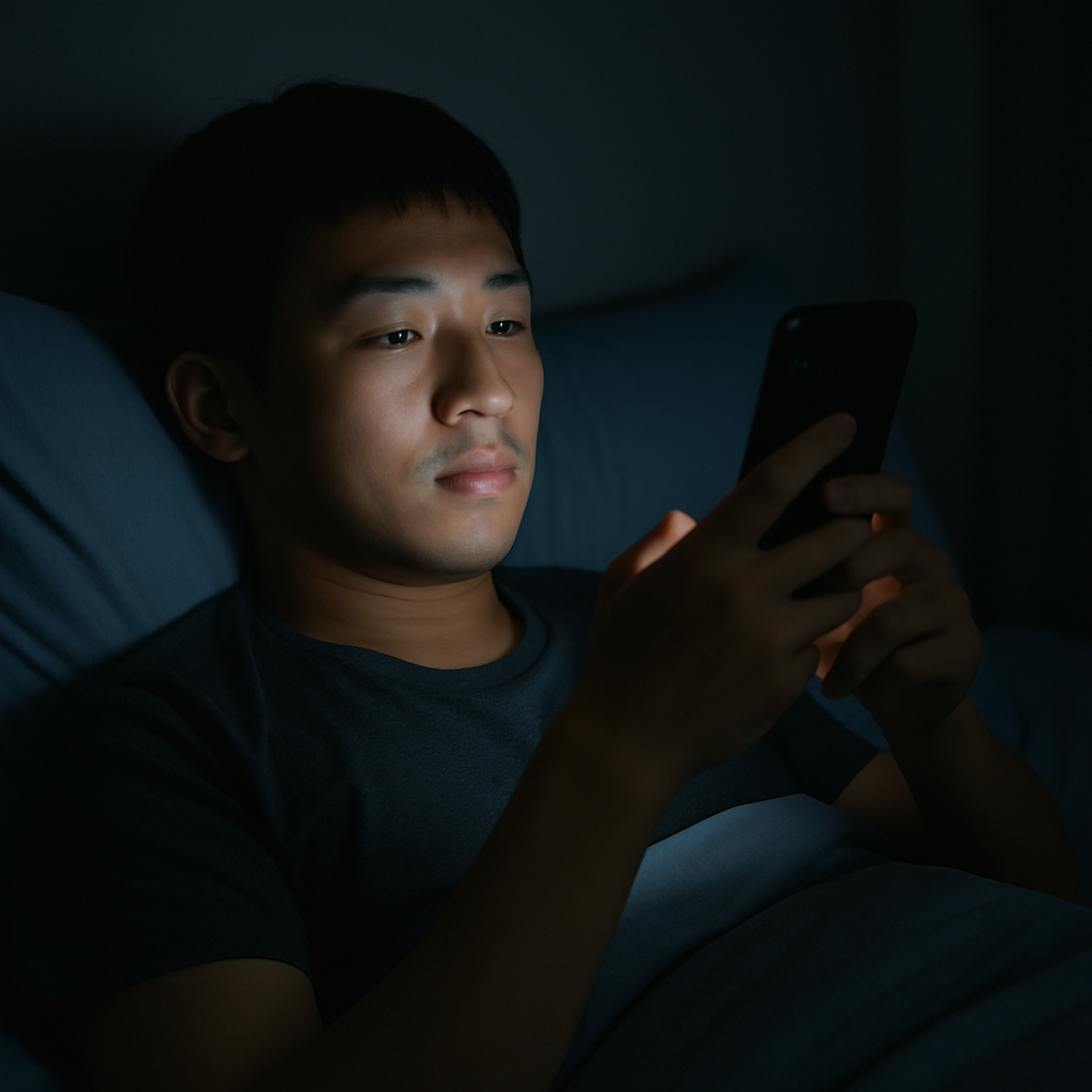 침대에 누워 어두운 방 안에서 스마트폰을 들여다보는 젊은 남성의 모습, 수면에 영향을 줄 수 있는 블루라이트 환경