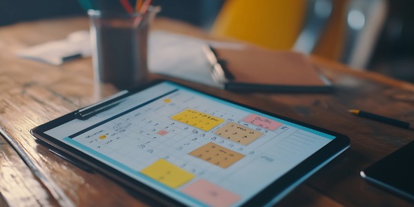 나무 책상 위에 놓인 태블릿 PC의 일정 관리 앱 화면