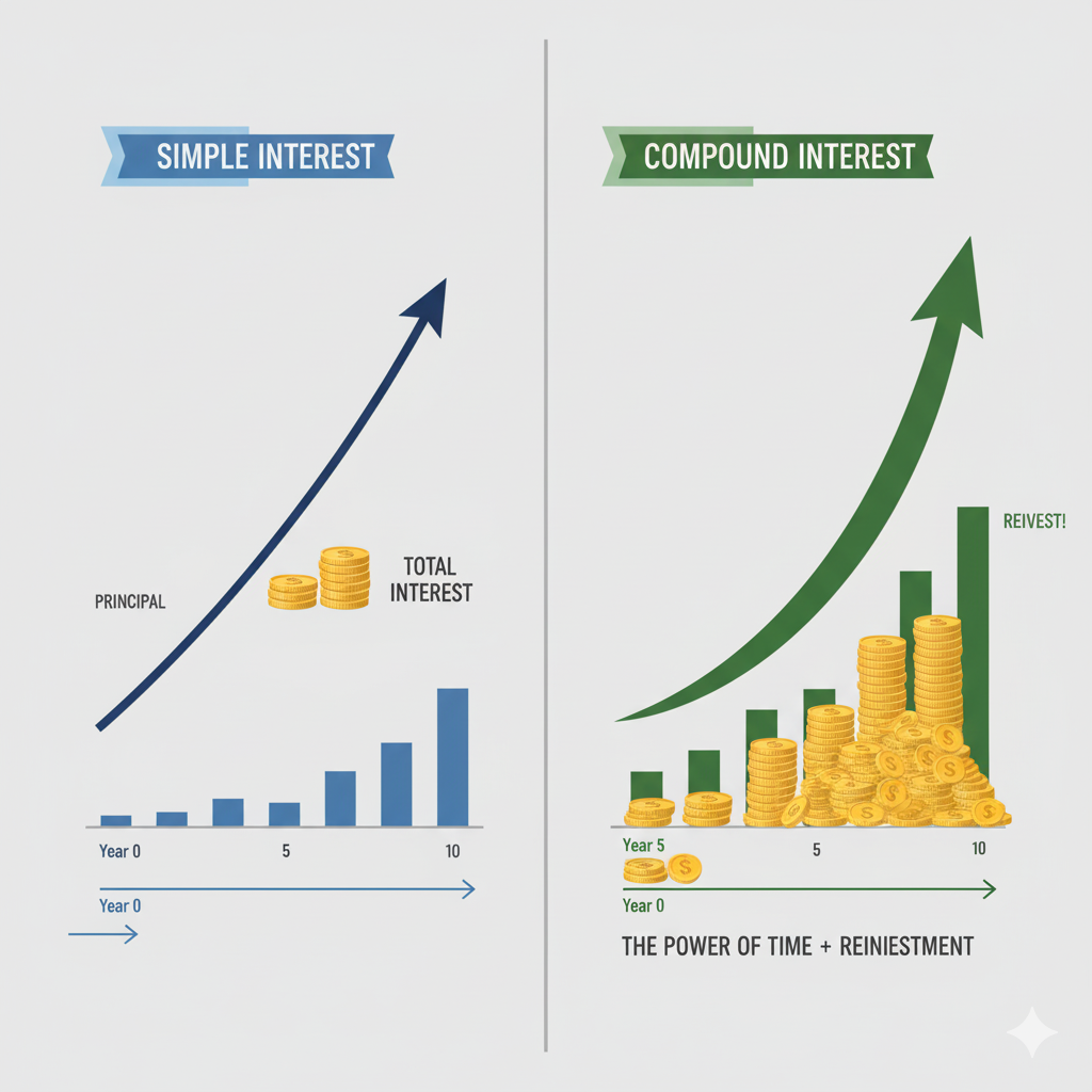 단리(Simple Interest)와 복리(Compound Interest)의 차이를 보여주는 그래프. 시간이 지남에 따라 복리 투자가 단리 투자보다 훨씬 큰 수익을 내는 기하급수적 성장 곡선