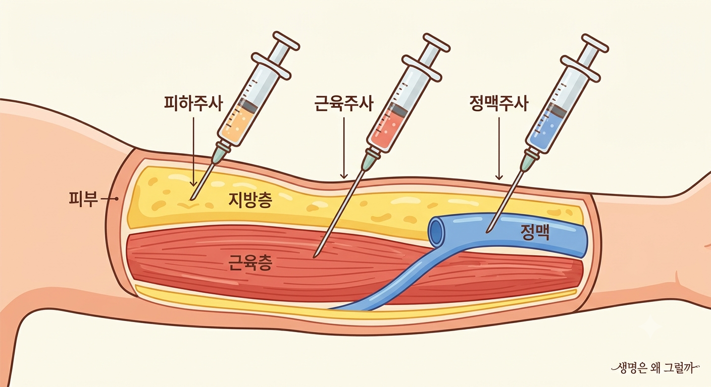 주사는 약을 넣는 위치에 따라 방법이 달라집니다.