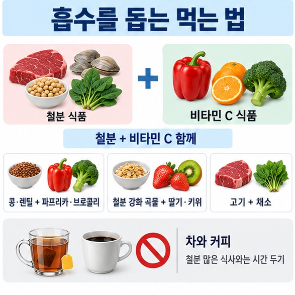 철분 음식과 비타민 C를 함께 먹고 차 커피와는 시간을 두는 철 흡수 방법 인포그래픽