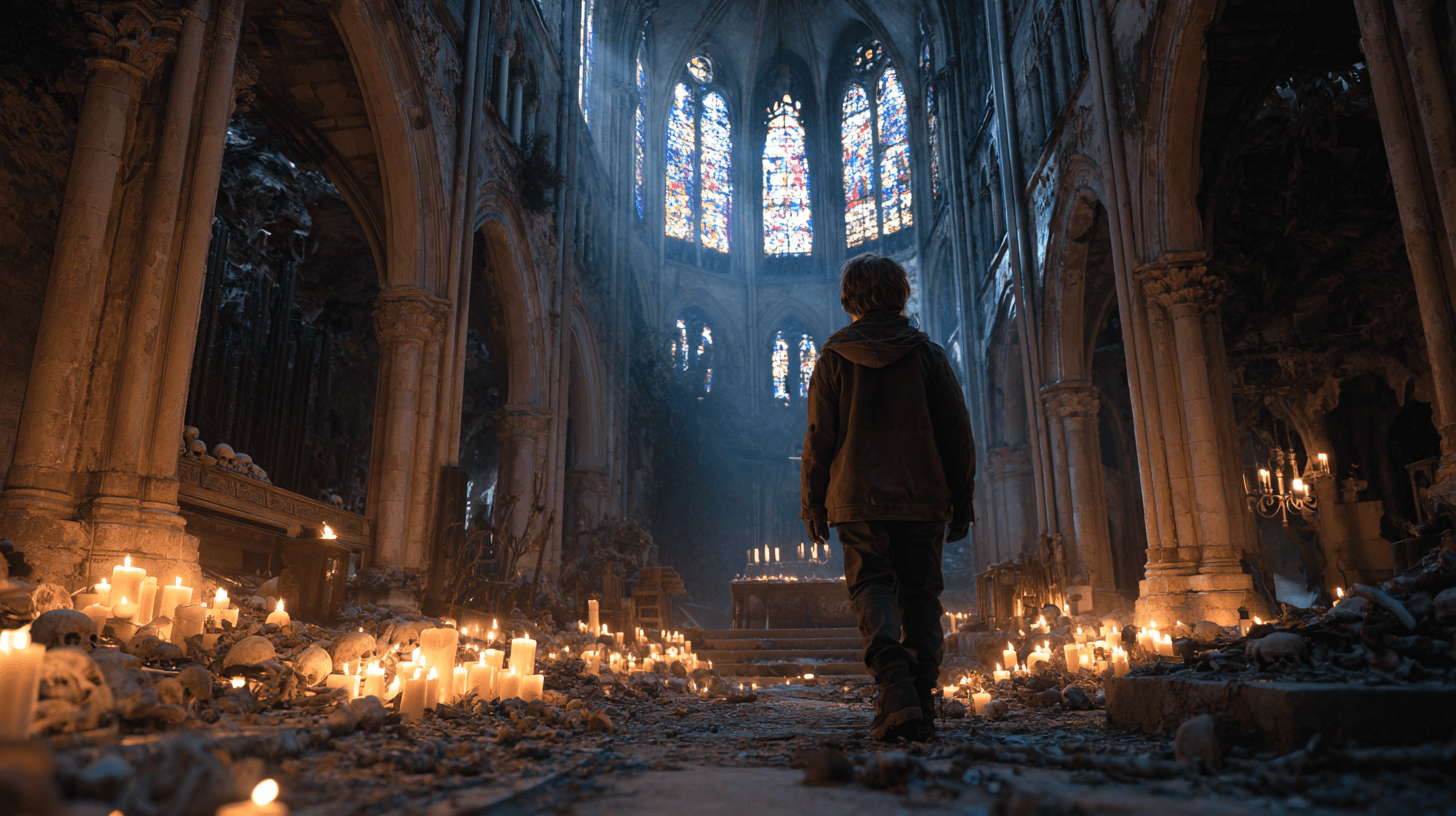 수십개의-촛불이-켜져있는-성당에-서-있는-사람