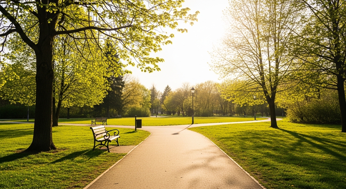 따스한 봄 햇살이 비치는 화사한 공원 산책로와 우거진 풀숲의 모습