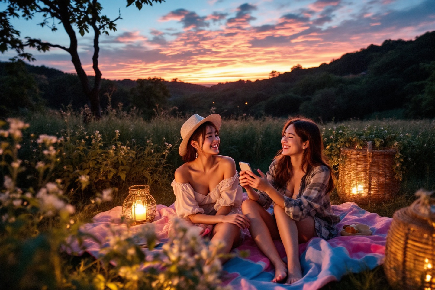 두 여성이 야외에서 석양을 등지고 캠핑하는 모습
