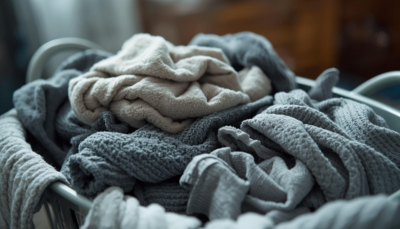 세탁바구니에 쌓여 냄새가 나는 젖은 수건들