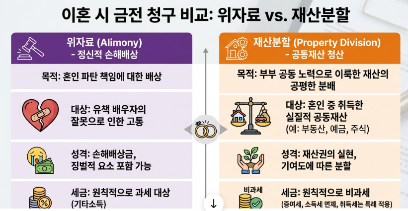위자료와 재산분할 법적 성격 차이점 비교 인포그래픽