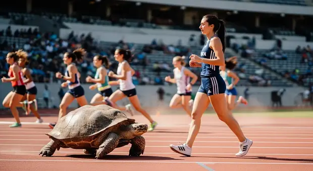 경기장 트랙에서 다른 선수들 사이를 자신만의 속도로 달리는 여성과 여성에게 다가가는 거대한 거북이