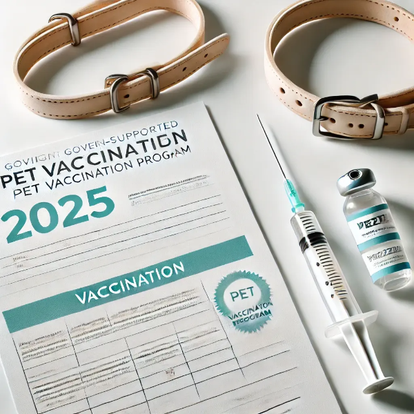 예방접종 증명서, 주사기, 반려견 목줄이 밝은 배경에 정돈된 이미지, 반려견 필수 예방접종 지원 상징
