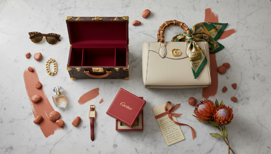 LVMH와 케어링 그룹을 대표하는 루이비통과 구찌 가방, 그리고 리치몬드 그룹의 까르띠에 제품이 배치된 모습