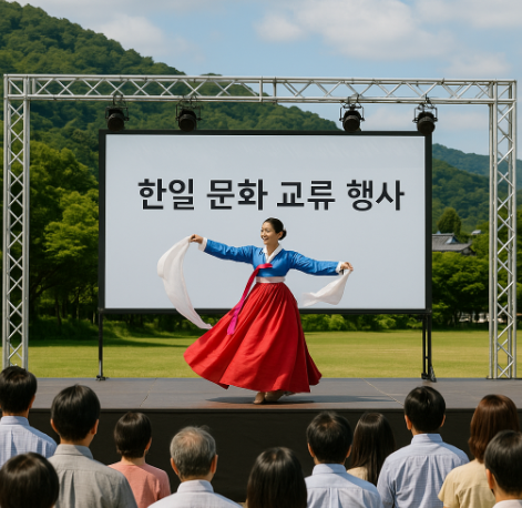 한일 문화 교류 행사에서 한국 전통 무용을 소개하는 모습입니다.