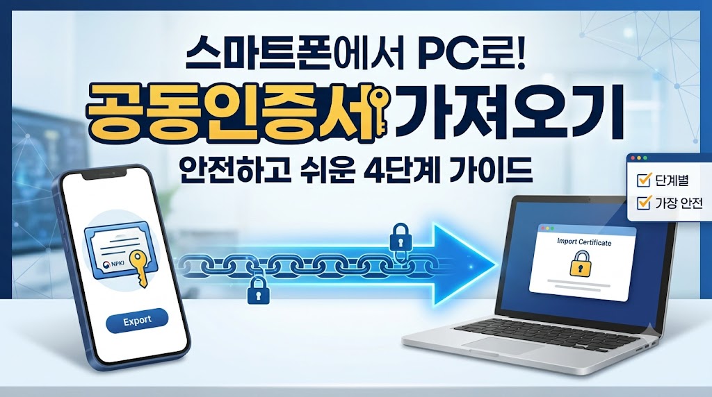 스마트폰 모바일 뱅킹 앱에서 PC 인증센터로 공동인증서를 복사하고 내보내는 절차 인포그래픽 썸네일