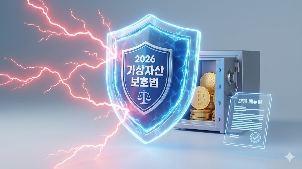 '2026 가상자산 보호법'이 새겨진 강력한 디지털 방패가 외부의 위험(붉은색 번개)으로부터 투자자의 자산(비트코인 금고)을 안전하게 지키고 있는 모습을 표현