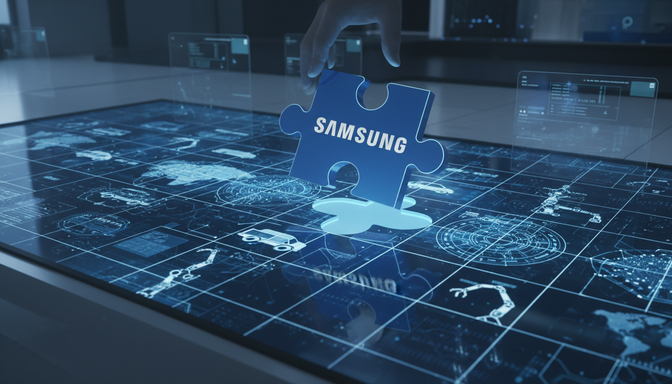 삼성전자의 기술 생태계를 상징하는 거대한 디지털 퍼즐과 클래식 블루 톤의 미래 지향적 기업 이미지