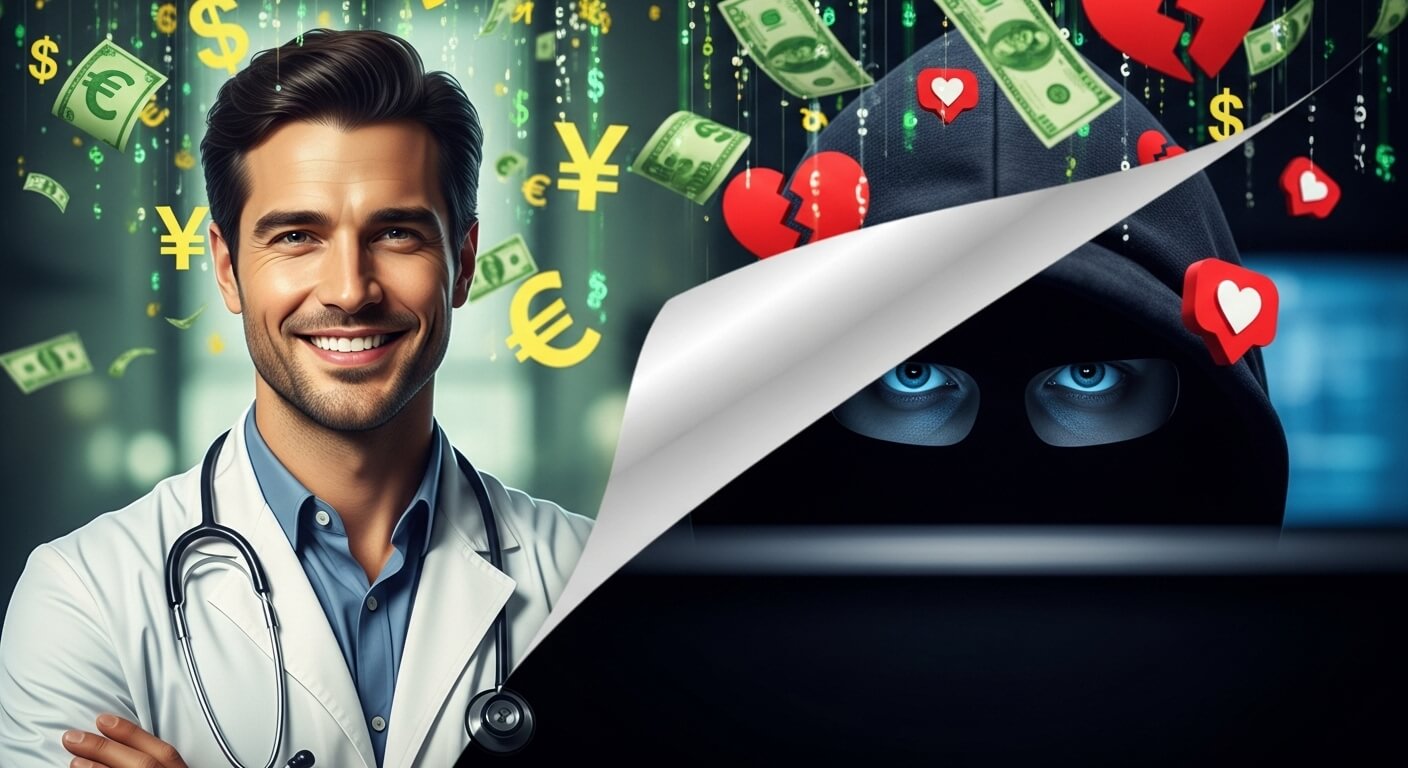 전문직을 사칭한 로맨스 스캠과 그 뒤에 숨어 있는 사기범의 실체를 표현한 이미지