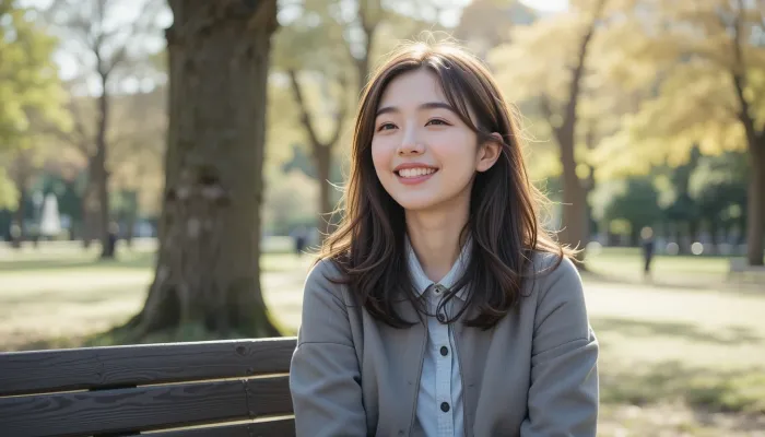 아침 햇살 아래 벤치에 앉아 여유를 즐기는 여성