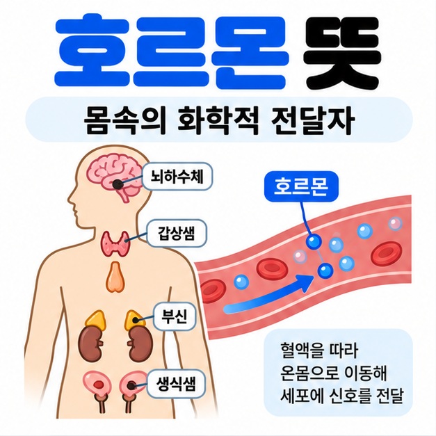 호르몬 뜻을 몸속 화학적 전달자가 혈액을 따라 이동하는 모습으로 표현한 카드뉴스