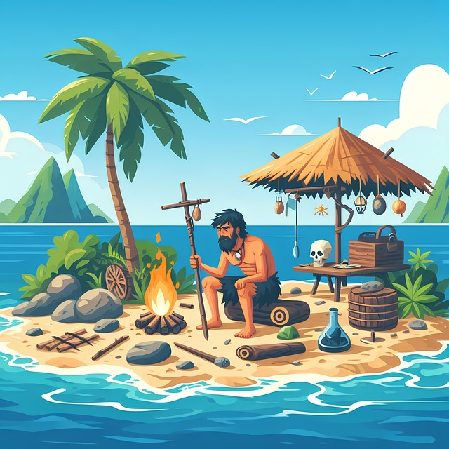 무인도에 한명의 남자가 생활하는 이미지
