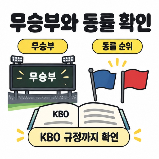무승부 전광판과 같은 높이에 놓인 두 팀 깃발, 펼친 KBO 안내서로 무승부와 동률 순위 규정 확인을 설명하는 그림