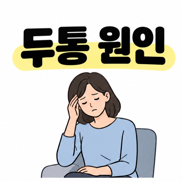 두통 원인 제목 아래 의자에 앉은 성인이 관자놀이에 손을 가볍게 댄 모습
