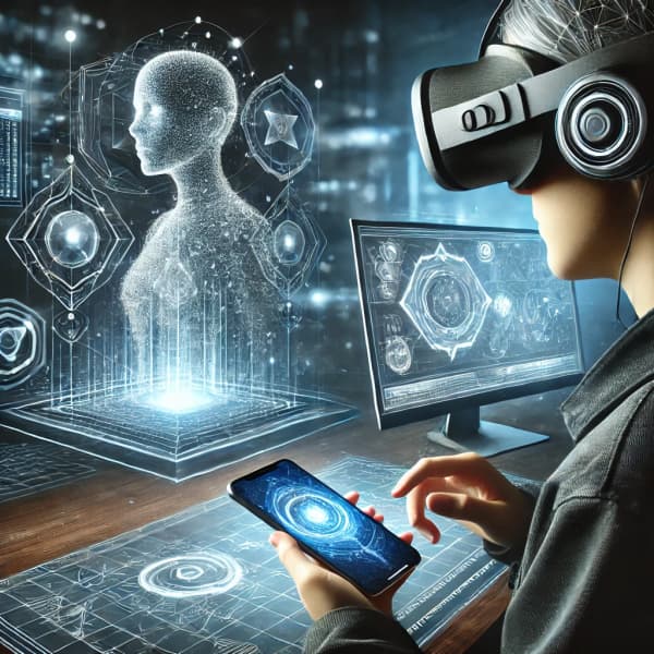 VR 헤드셋을 착용한 사람, AR 인터페이스가 적용된 스마트폰 화면, 3D 모델링 작업 화면