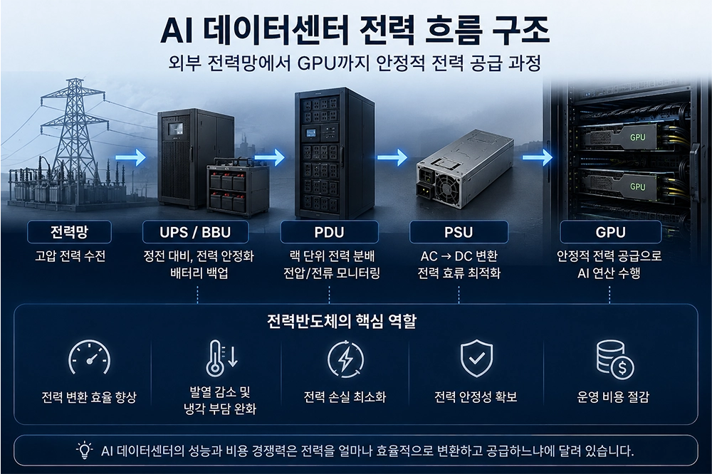 AI 데이터센터 전력 흐름과 전력반도체의 역할을 설명하는 인포그래픽 이미지