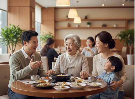 조용한 식당에서 부모님과 함께 편안하게 대화하며 외식을 즐기는 가족 이미지