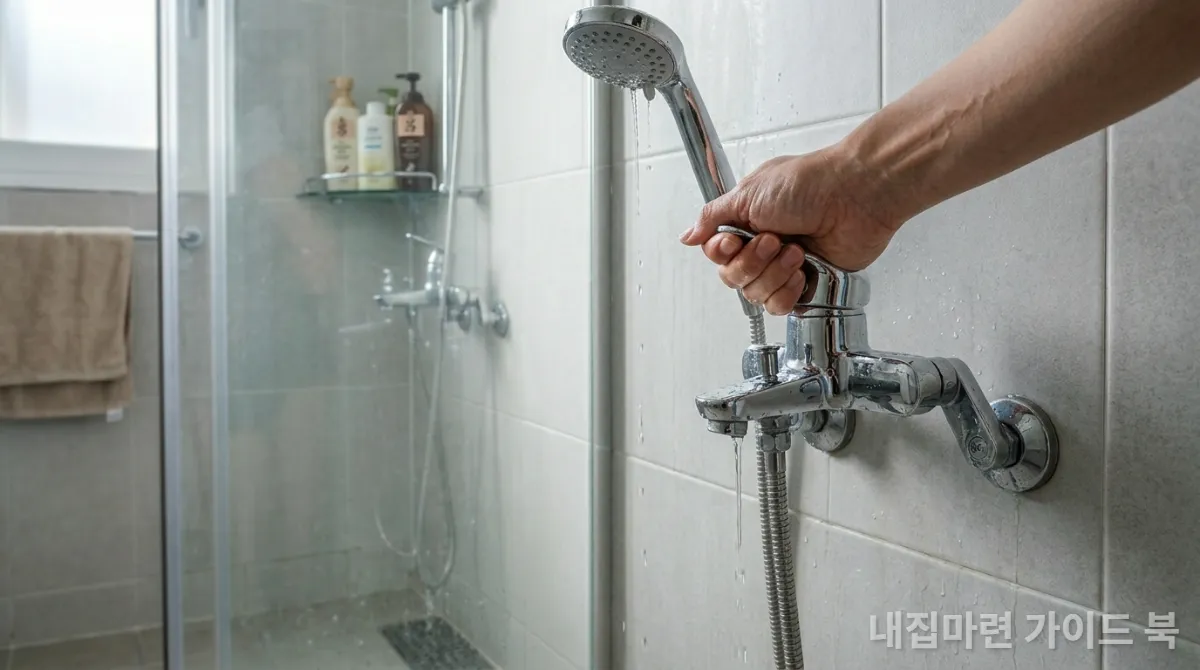 한국식 욕실에서 약한 수압의 샤워기를 확인하는 모습