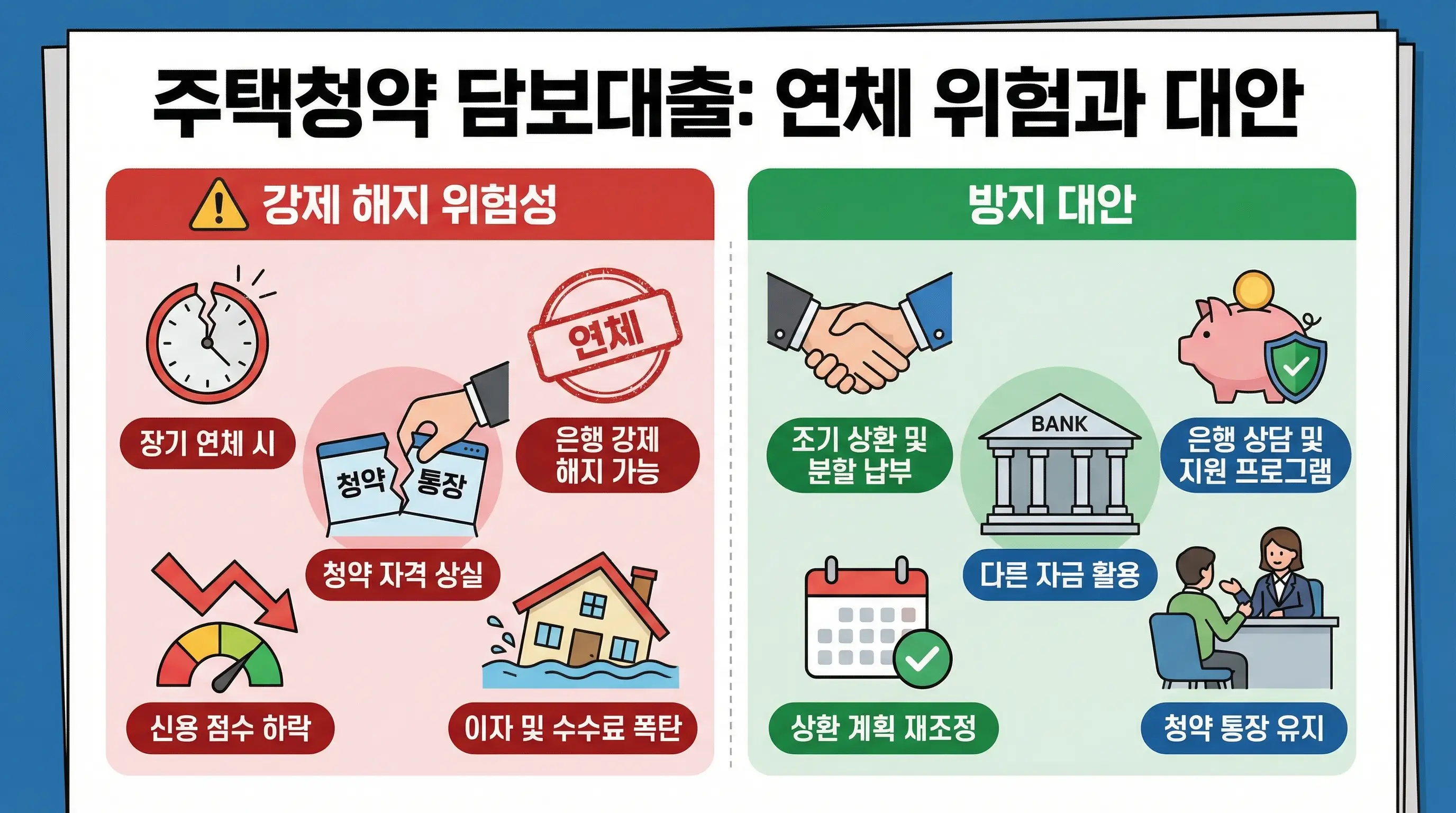 주택청약 담보대출 연체 시 발생할 수 있는 강제 해지 위험성과 이를 방지하기 위한 대안을 설명하는 이미지