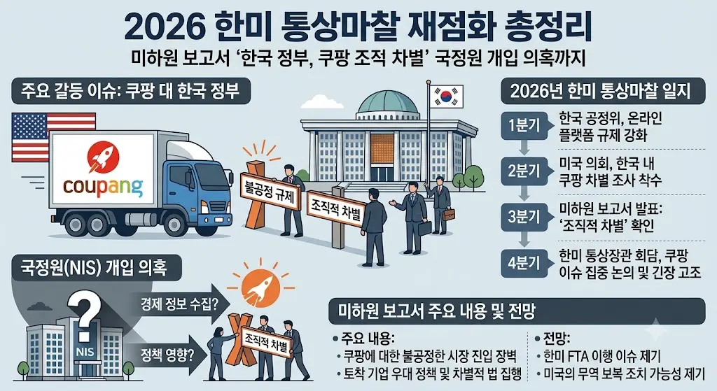 美하원 "韓정부, 쿠팡 조직적 차별" 보고서 — 국정원 개입 의혹까지, 한미 통상마찰 재점화 총정리 2026