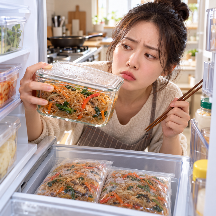 냉장고에서 밀폐용기에 담긴 남은 잡채를 살펴보는 여성과 냉동실에 한 끼씩 소분된 냉동 잡채