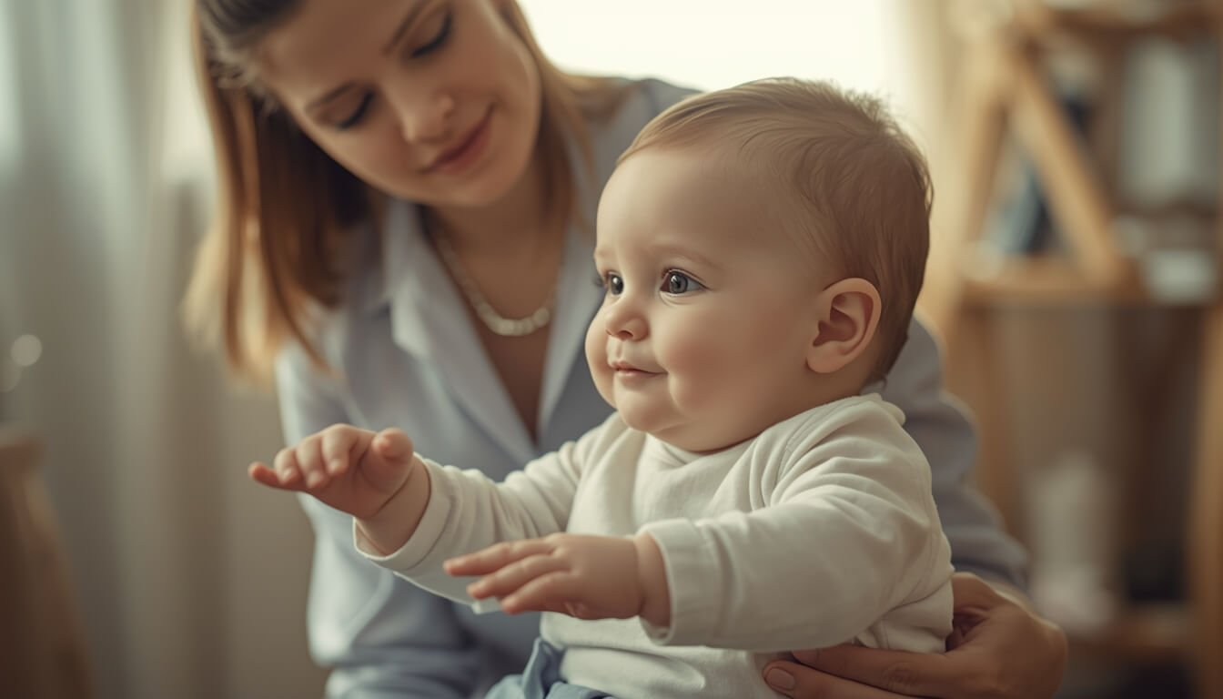 전문 치료사에게 발달 재활 치료를 받는 아기