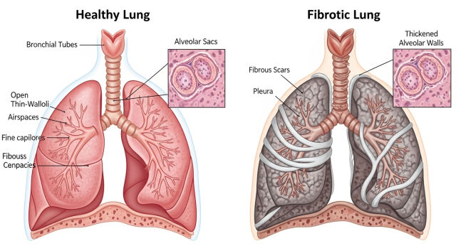 정상 폐와 섬유화된 폐의 단면 비교