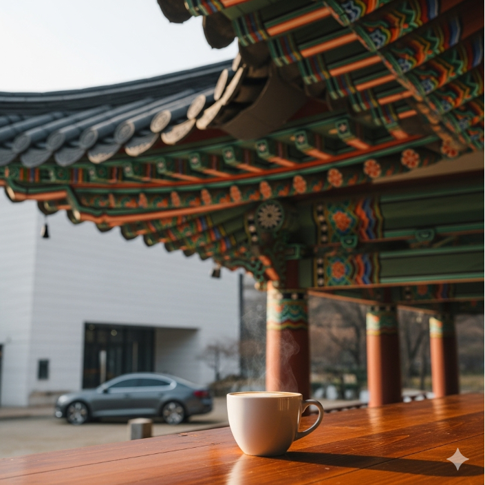 경주 맥심가옥의 아름다운 한옥 처마 아래로 따뜻한 커피 한 잔이 놓여 있는 모습. 전통과 현대의 조화를 보여주는 세련된 사진