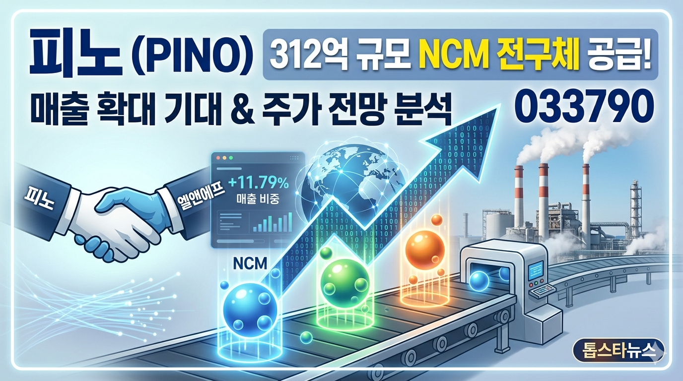 피노(PINO) 종목코드 033790 주가 전망 분석 이미지. 엘앤에프와 312억 규모의 NCM 전구체 공급 계약 체결을 상징하는 두 인물의 악수 장면과 매출액 대비 11.79% 비중을 나타내는 인포그래픽, 공장 컨베이어 벨트 위의 NCM 입자들과 강력하게 상승하는 주가 화살표가 포함된 배경.