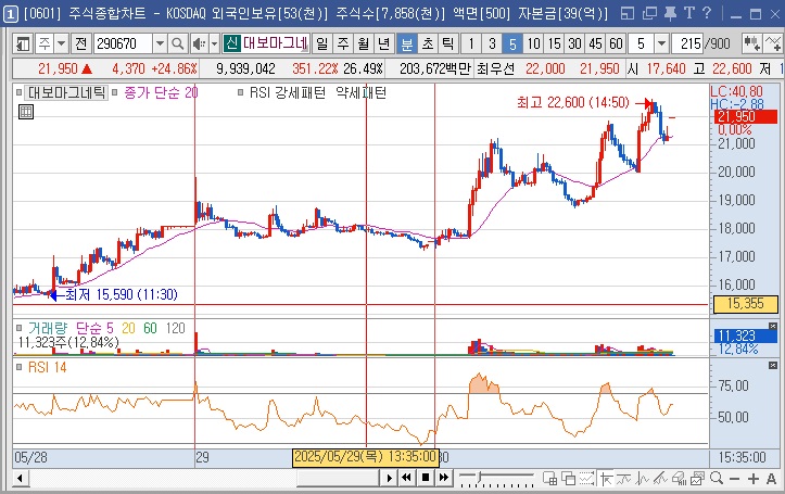 대보마그네틱 5분봉 차트