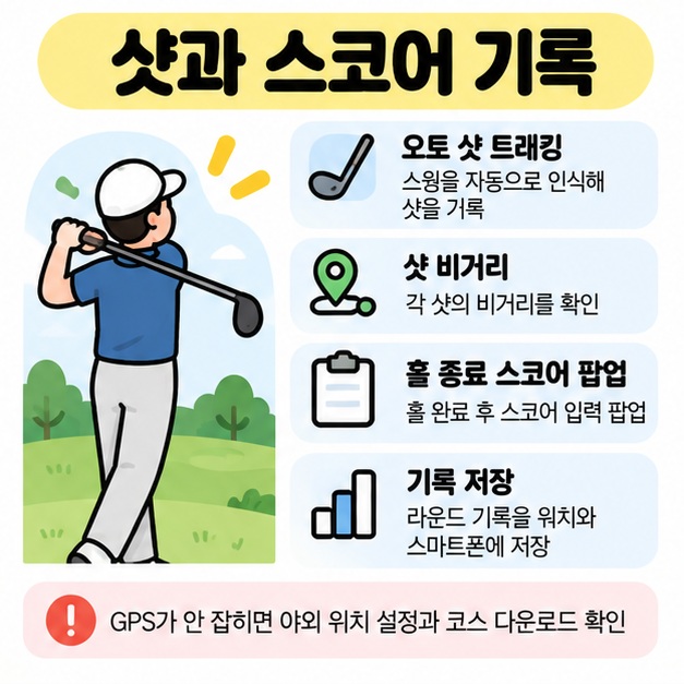 Smart Caddie의 오토 샷 트래킹과 샷 비거리, 홀 종료 스코어 입력과 저장 방법을 정리한 카드