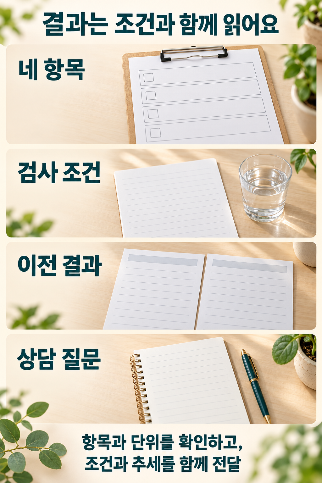 결과지·검사조건·과거자료·질문을 함께 정리한 구성