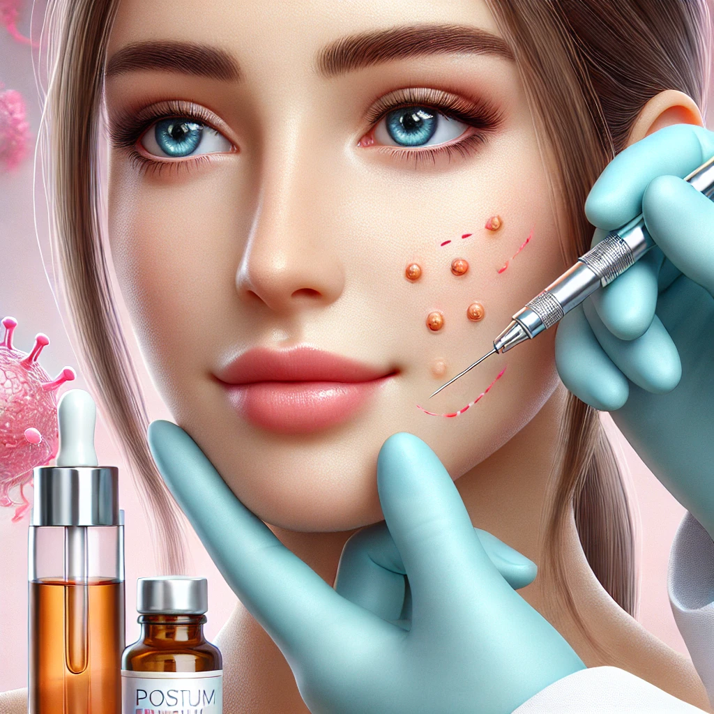 서브시전 치료를 받고 있는 사람과 사후 관리를 위한 세럼과 크림을 배경