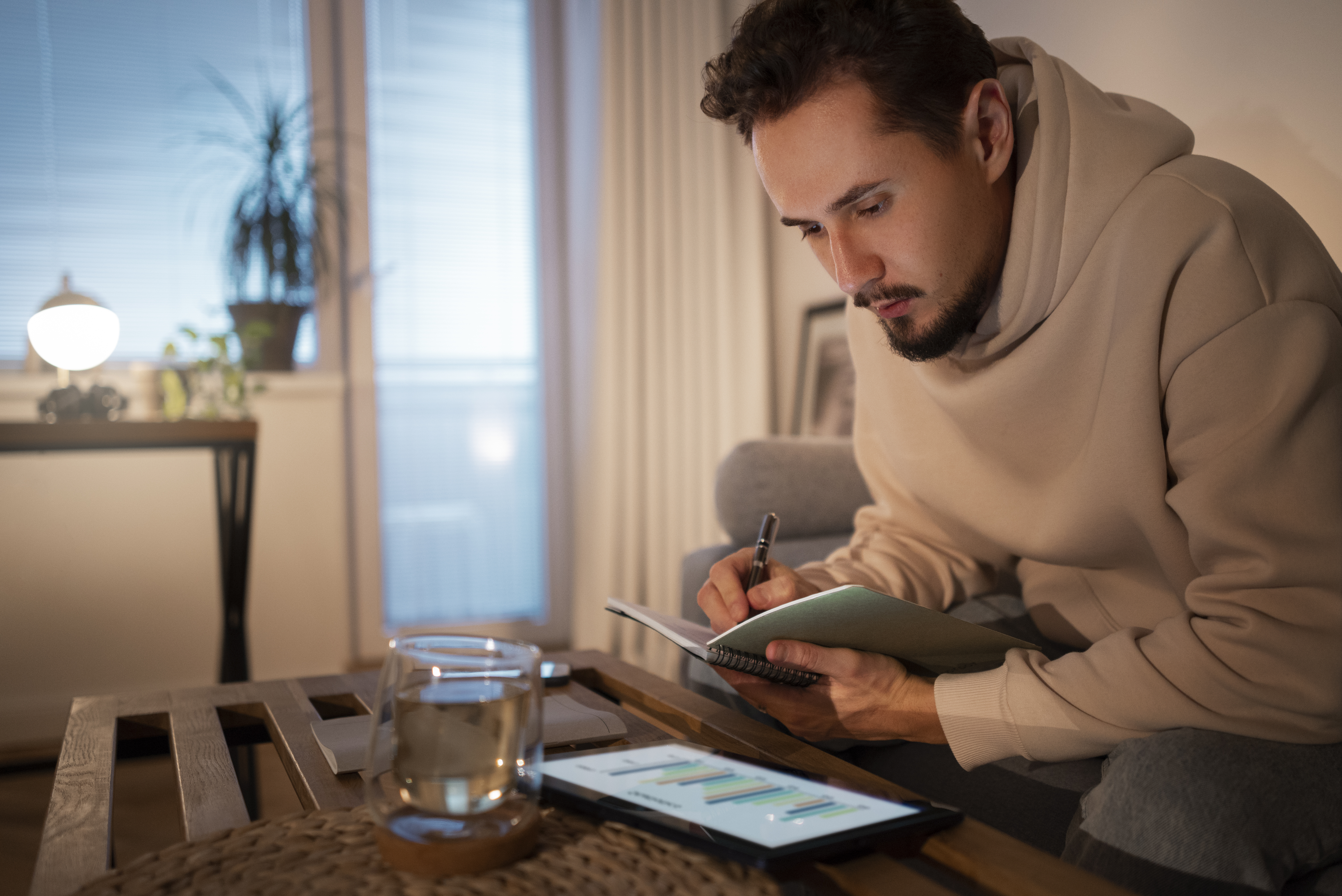 청년이 쇼파에 앉아 태블릿과 책을 보고 있는 모습