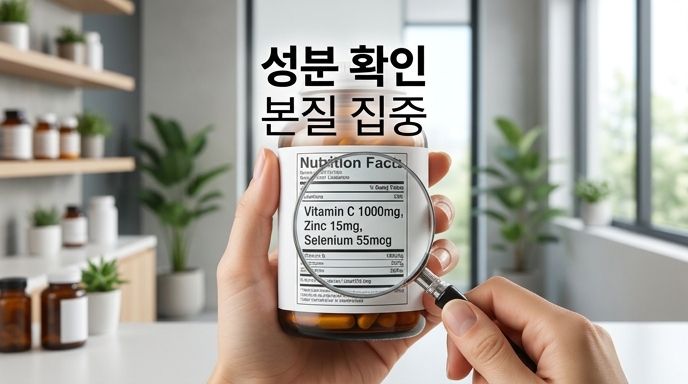 돋보기로 영양 성분표를 꼼꼼히 확인하며 성분 본질에 집중할 것을 권장하는 건강기능식품 이미지