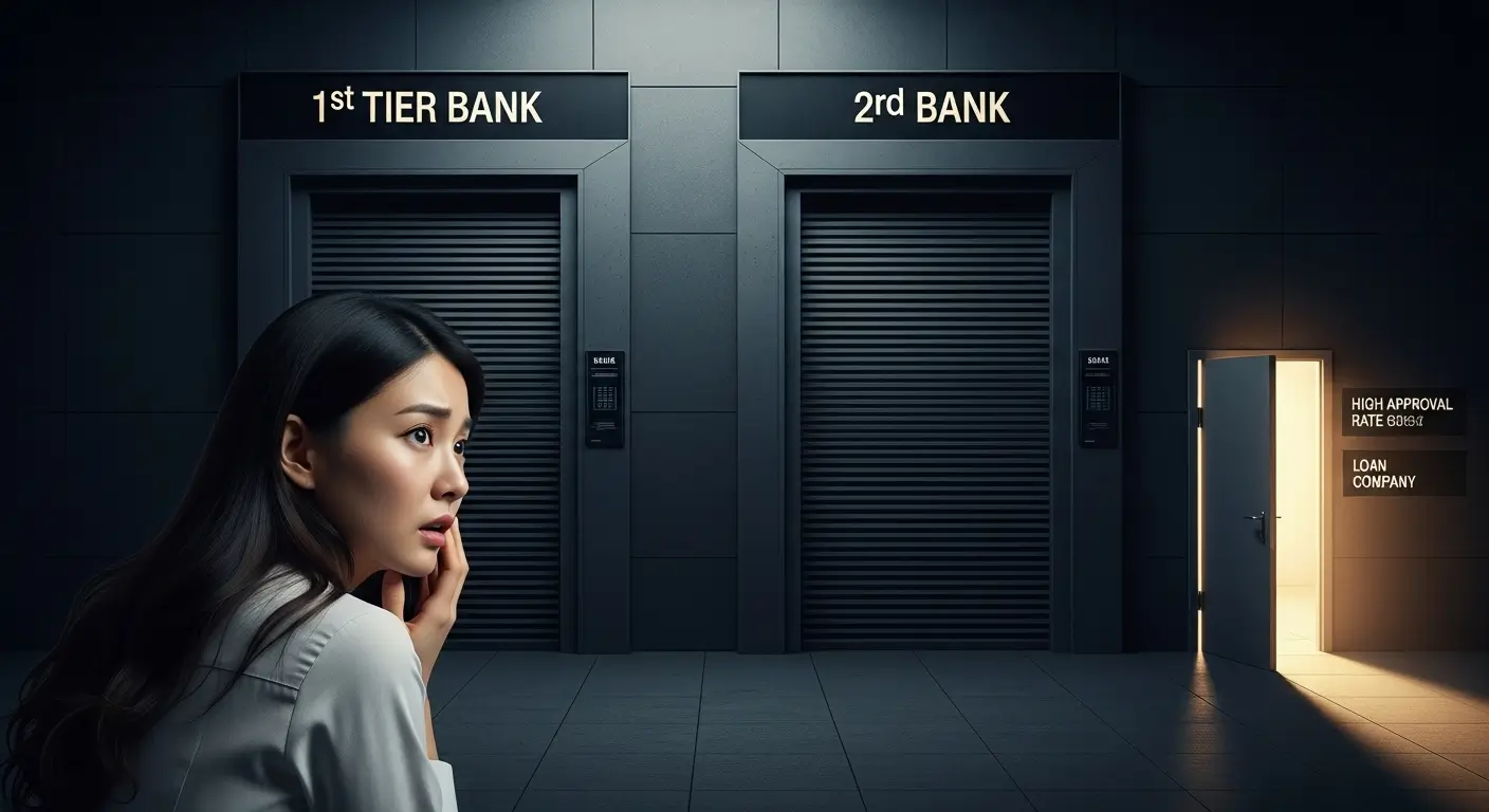 1, 2금융권 은행 문이 모두 닫혀있어 좌절한 사람이 '승인율높은대부업체'라는 작은 문을 발견하는 모습