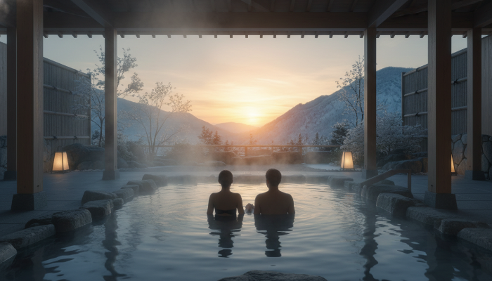 2025년 겨울, 설경 속 야외 온천에서 로맨틱한 시간을 보내는 연인의 뒷모습