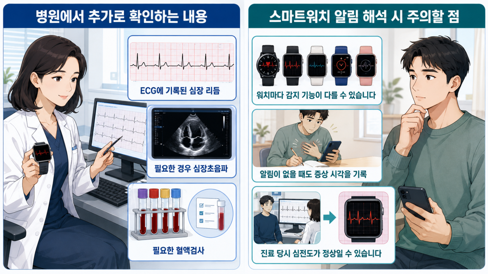 스마트워치 기록 후 병원에서 확인하는 심장 리듬·심장초음파·혈액검사와 알림 해석
