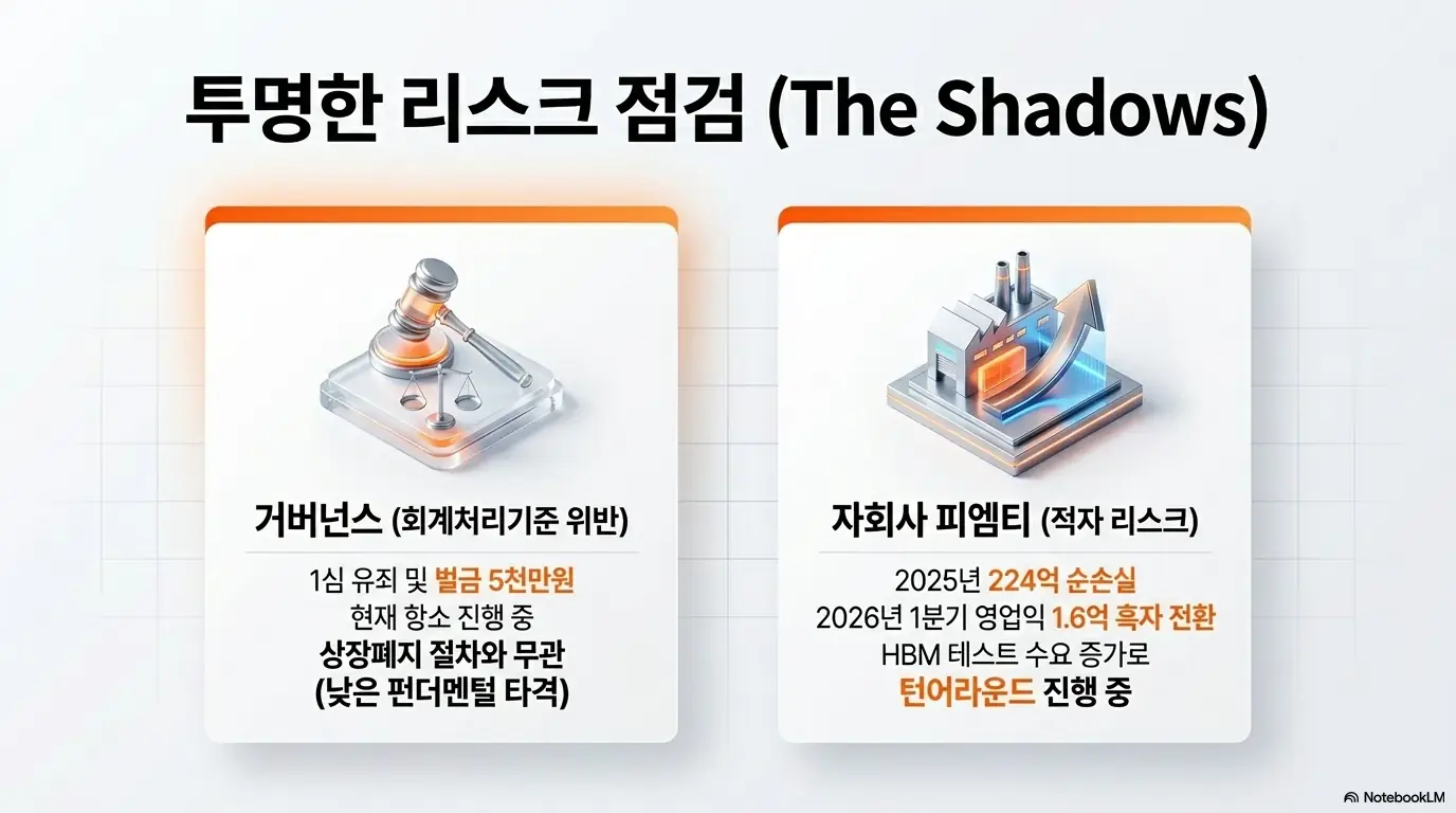 프로텍 주가 전망: 프로텍의 두 가지 리스크를 점검한 그림. 회계처리기준 위반 1심 유죄와 벌금 5천만원은 항소 진행 중이며 상장폐지 절차와는 무관함을 짚고, 자회사 피엠티가 2025년 순손실에서 2026년 1분기 흑자로 전환하며 턴어라운드 중임을 시각적으로 전달함