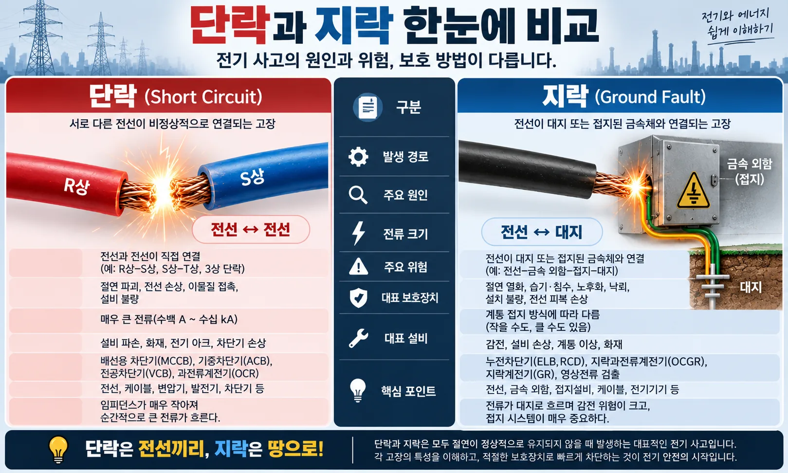 단락과 지락의 발생 경로 위험 보호장치를 한눈에 비교한 인포그래픽